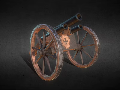 Vintage Double Barreled Cannon With Wooden Wheels And Cross Emblem 3d model