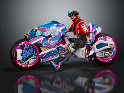 Cyberpunk Style Motorcycle With Blue Pink Body Tiger Graphics Red Jacket Rider And Pink Wheels 3d model