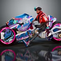 Cyberpunk Style Motorcycle With Blue Pink Body Tiger Graphics Red Jacket Rider And Pink Wheels
