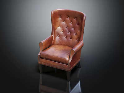 Brown Leather Single Sofa With Tufted Back Armrests And Dark Wooden Legs 3d model