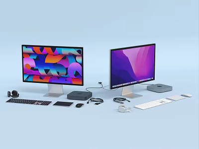 Dual Computer Monitors With Colorful Screens And Peripheral Accessories 3d model