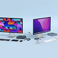 Dual Computer Monitors With Colorful Screens And Peripheral Accessories