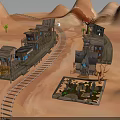 Western Style Wooden Buildings in Desert With Railway Tracks Signboard Small Pond and Dry Trees