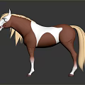 3D Brown and White Horse with Golden Mane Tail Blue Eyes Standing on Black Background