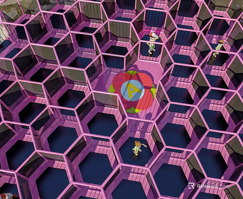 Cartoon Scene With Purple Blue Hexagonal Grid And Pink Circular Target Object With Characters 3d model 