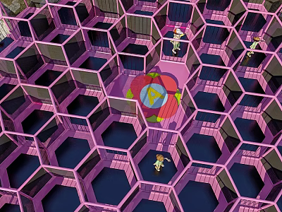 Cartoon Scene With Purple Blue Hexagonal Grid And Pink Circular Target Object With Characters 3d model