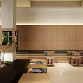 Modern Cafe Interior With Long Wooden Bench Black Seating And Hanging Lights