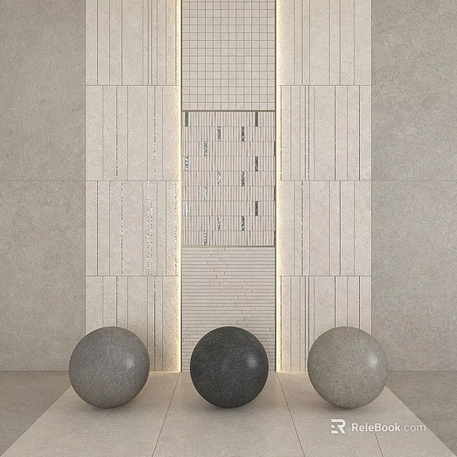 Modern Vertical Strip Components with Perforated Panel and Three Spheres on Gray Wall 3d model