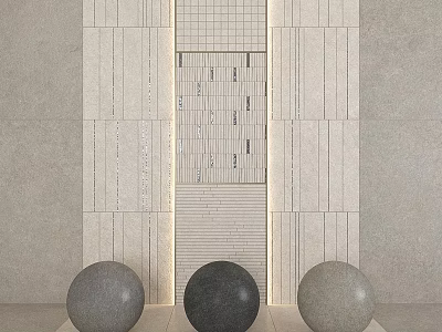 Modern Vertical Strip Components with Perforated Panel and Three Spheres on Gray Wall 3d model