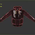Black Hooded Jacket With White Text Red Patch And Zipper Design
