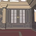 Elegant Elevator Hallway With Arched Ceiling Chandelier Columns Red Carpet And Benches 3d model