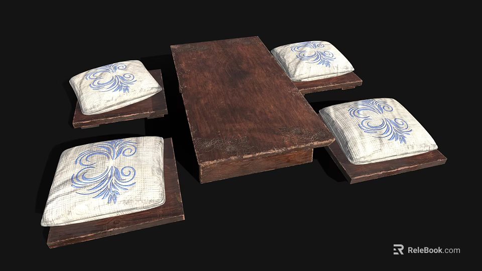 Wooden Dining Table With Four Cushions Featuring Blue And White Floral Patterns 3d model 