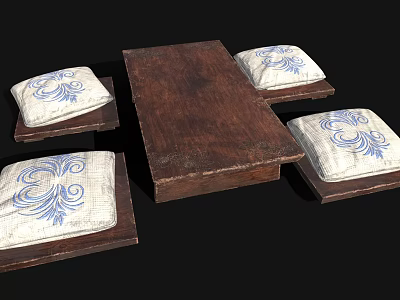 Wooden Dining Table With Four Cushions Featuring Blue And White Floral Patterns 3d model