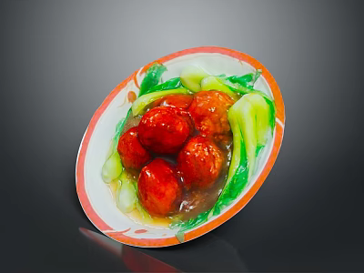 Delicious Braised Red Meatballs with Fresh Green Vegetables and Sauce on Ceramic Plate 3d model