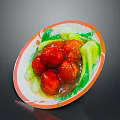 Delicious Braised Red Meatballs with Fresh Green Vegetables and Sauce on Ceramic Plate