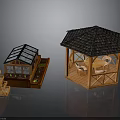 Wooden Gazebo With Tile Roof Tables Chairs And Glass Greenhouse With Shelves
