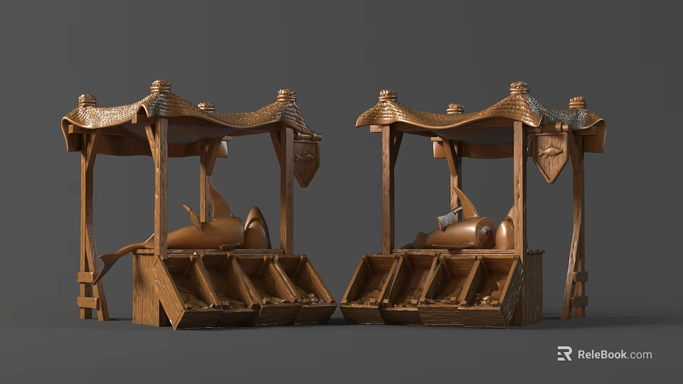 Detailed Wooden Shark Sculptures In Dual Canopied Stalls With Small Compartments 3d model 