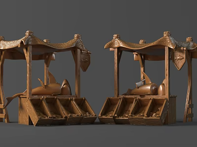 Detailed Wooden Shark Sculptures In Dual Canopied Stalls With Small Compartments 3d model
