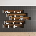 Modern Black Bookcase With Layered Shelves Holding Books And Decorative Ornaments