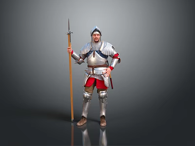 Game and Movie Character in Silver Armor Holding Spear with Red Pants and Helmet 3d model