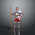 Game and Movie Character in Silver Armor Holding Spear with Red Pants and Helmet