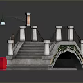 Stone Bridge With Iron Railing Steps Wooden Bench Trash Can And Lamp Post