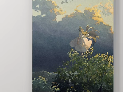 Serene Landscape Painting With Girl In White Dress Lush Green Trees And Golden Sunset Sky 3d model