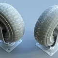 Heavy Duty Industrial Tires Mounted on Metal Brackets with Wheels on Brick Pavement