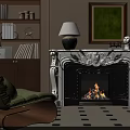 White Carved Fireplace with Burning Fire Beside Green Armchair Wooden Bookshelf and Green Painting