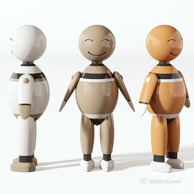 White Beige Orange Standing Dolls With Smiling Faces And Minimalist Design 3d model 