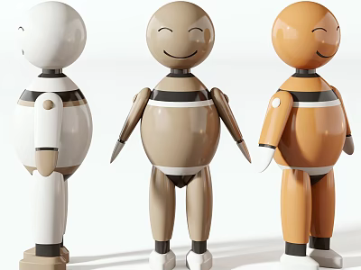 White Beige Orange Standing Dolls With Smiling Faces And Minimalist Design 3d model