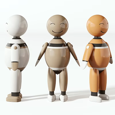 White Beige Orange Standing Dolls With Smiling Faces And Minimalist Design 3d model