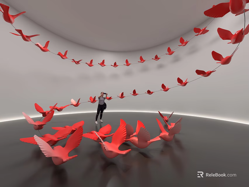 Red Bird Shaped Decorative Ornament Set Hanging And Scattered In White Curved Space 3d model 