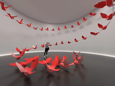 Red Bird Shaped Decorative Ornament Set Hanging And Scattered In White Curved Space 3d model