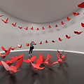 Red Bird Shaped Decorative Ornament Set Hanging And Scattered In White Curved Space