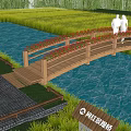 Wooden Landscape Bridge With Red Railings Over Water Amid Green Grass Trees And People Walking