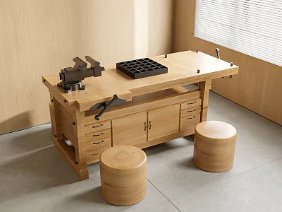 Functional Wooden Workbench With Vintage Vice Black Grid Tray Drawers Cabinets And Wooden Stools 3d model
