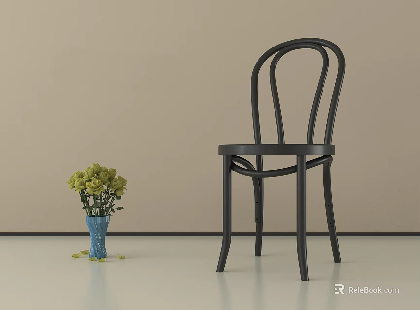 Black Single Chair With Blue Vase And Green Flowers On Light Floor Beige Wall 3d model 