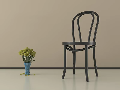 Black Single Chair With Blue Vase And Green Flowers On Light Floor Beige Wall 3d model