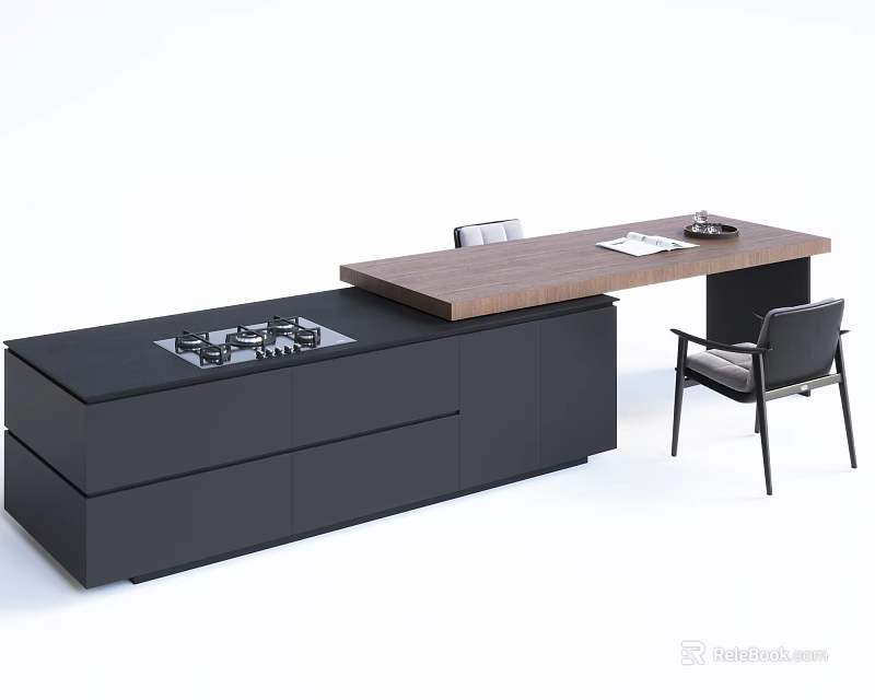 Modern Bar Counter With Wooden Top Black Cabinets Gas Stove And Chairs 3d model 
