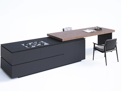 Modern Bar Counter With Wooden Top Black Cabinets Gas Stove And Chairs 3d model