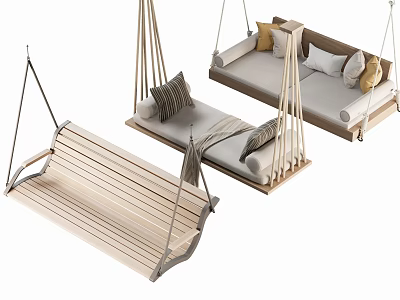 Wooden Hanging Outdoor Chair And Bench With Comfortable Cushions And Pillows 3d model