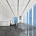 Modern Elevator Lobby Design With Escalator White Walls Black Marble Flooring And Large Windows