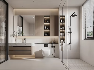 Modern Bathroom Interior Design With Vanity Mirror Toilet And Shower 3d model