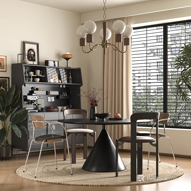 Modern Restaurant Interior With Black Round Dining Table Four Chairs Spherical Chandelier And Gray Bookshelf 3d model 
