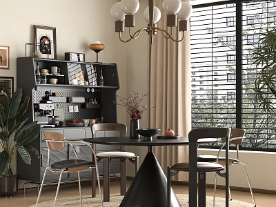 Modern Restaurant Interior With Black Round Dining Table Four Chairs Spherical Chandelier And Gray Bookshelf 3d model