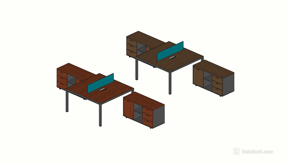 Two Wooden Office Desks With Blue Monitors And Matching Storage Cabinets 3d model 