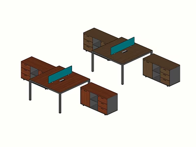 Two Wooden Office Desks With Blue Monitors And Matching Storage Cabinets 3d model