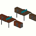 Two Wooden Office Desks With Blue Monitors And Matching Storage Cabinets