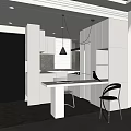 Modern Restaurant Interior With Open Kitchen White Table And Black Chairs